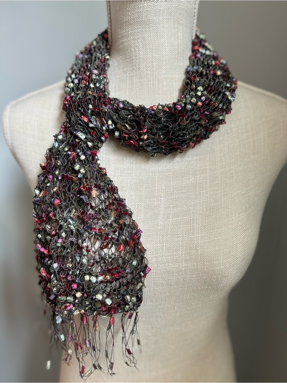 Multicolor Ladder Ribbon Knit Scarf 60”